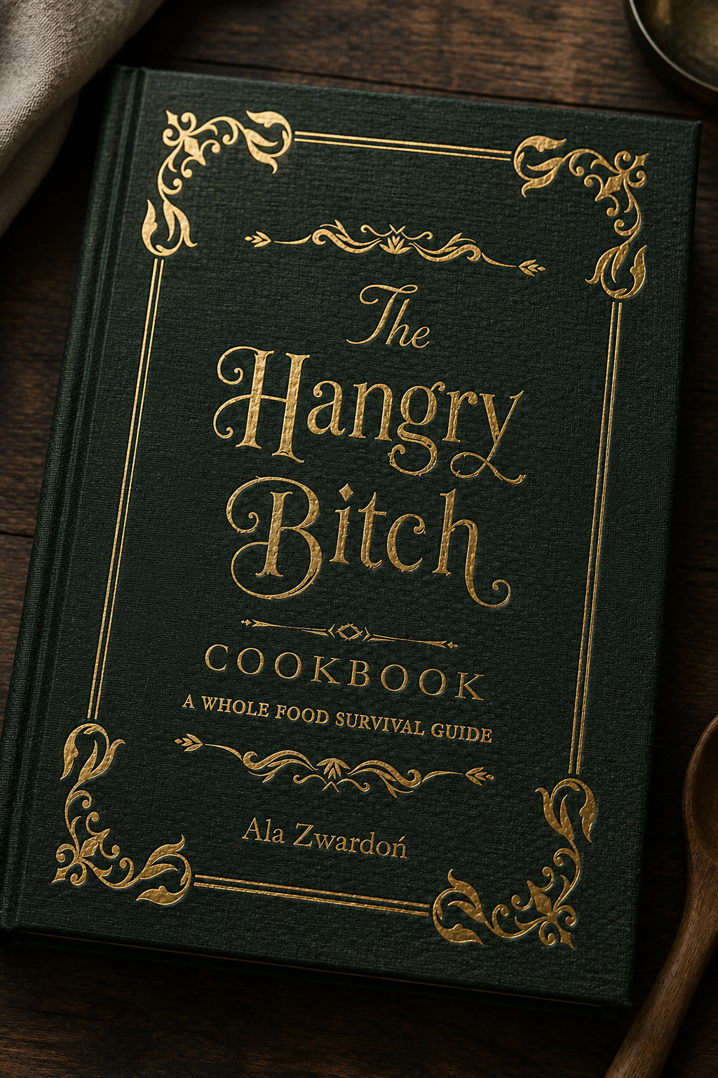 The Hangry Bitch Cookbook, clothbound in forest green and gold