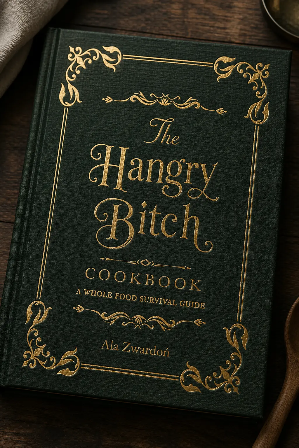 The Hangry Bitch Cookbook, clothbound in forest green and gold